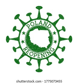 Poland Reopening Stamp. Green round badge of country with map of Poland. Country opening after lockdown. Vector illustration.