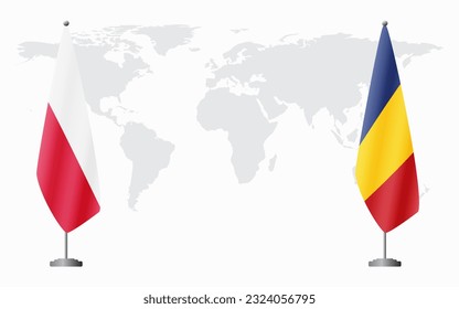 Poland and Romania flags for official meeting against background of world map.