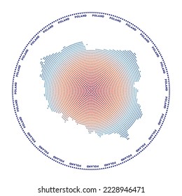 Poland round logo. Digital style shape of Poland in dotted circle with country name. Tech icon of the country with graduated dots. Superb vector illustration.