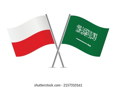 Polen und Saudi-Arabien überquerten Flaggen. Die polnische und die saudi-arabische Flagge sind auf weißem Hintergrund. Vektorsymbol-Set. Vektorgrafik.