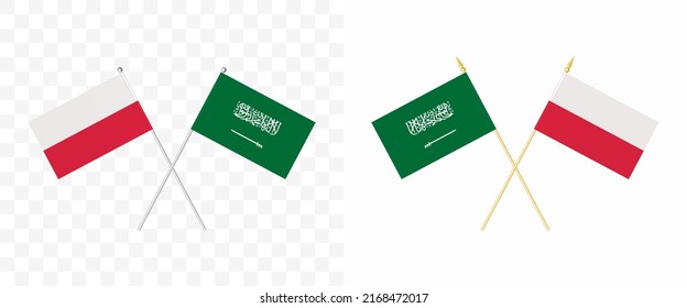 Poland and Saudi Arabia Crossed Flags. Pennon Angle 28 Degrees. Options with Different Shapes and Colors of Flagpoles - Silver and Gold. Example of Flags on Transparent Background. Vector Illustration