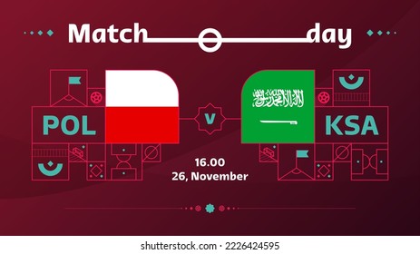 partido arabia saudita de polonia Fútbol 2022. Partido del Campeonato Mundial de Fútbol 2022 frente a equipos con antecedentes deportivos, afiche de la competencia del campeonato, ilustración del vector.