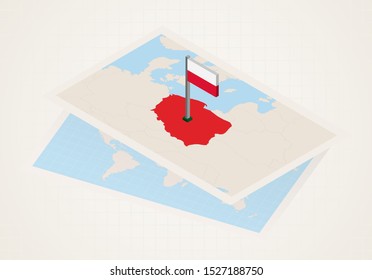 Poland selected on map with isometric flag of Poland. Vector paper map.