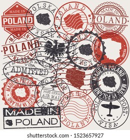 Poland Set of Stamps. Travel Passport Stamp. Made In Product. Design Seals Old Style Insignia. Icon Clip Art Vector.