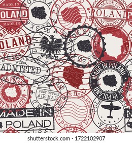 Poland Set of Stamps. Travel Passport Stamps Pattern. Made In Product. Design Seals in Old Style Insignia Seamless. Icon Clip Art Vector Collection.