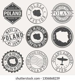 Poland Set of Stamps. Travel Stamp. Made In Product. Design Seals Old Style Insignia.