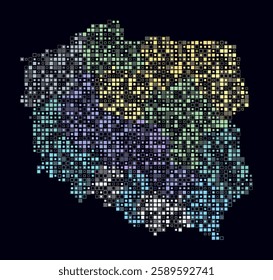 Poland, shape of the country built of colored cells. Digital style map of Poland on a dark background. Small size square blocks. Plain vector illustration.
