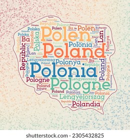 Poland shape with country names word cloud in multiple languages. Poland border map on authentic triangles scattered around. Captivating vector illustration.