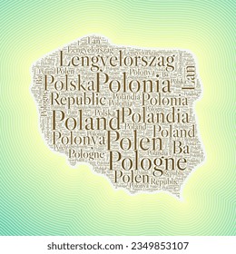 Poland shape formed by country name in multiple languages. Poland border on stylish striped gradient background. Vibrant poster. Attractive vector illustration.