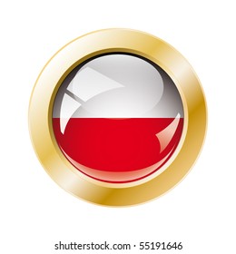 Poland shiny button flag with golden ring vector illustration. Isolated abstract object against white background.