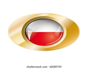 Poland shiny button flag with golden ring vector illustration. Isolated abstract object against white background.