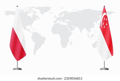 Poland and Singapore flags for official meeting against background of world map.