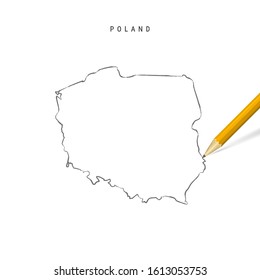 Poland sketch outline map isolated on white background. Empty hand drawn vector map of Poland. Realistic 3D pencil with soft shadow.