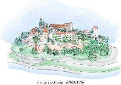 Polonia. Vista panorámica de la ciudad antigua de Cracovia con Wawel Hill, Catedral, Castillo Real Wawel, murallas defensivas, parque, paseo