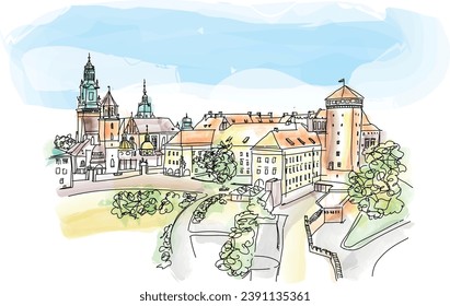 Poland. Skyline panorama of Cracow old city with Wawel Hill, Cathedral, Royal Wawel Castle, defensive walls, park, promenade