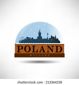 Poland, skyline silhouette design in snow globe, vector illustration.