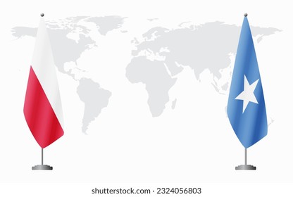 Poland and Somalia flags for official meeting against background of world map.