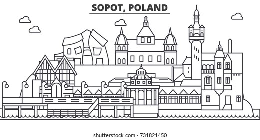 Poland, Sopot architecture line skyline illustration. Linear vector cityscape with famous landmarks, city sights, design icons. Landscape wtih editable strokes