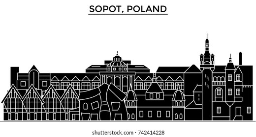 Poland, Sopot architecture vector city skyline, travel cityscape with landmarks, buildings, isolated sights on background