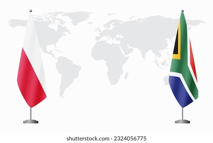 Poland and South Africa flags for official meeting against background of world map.