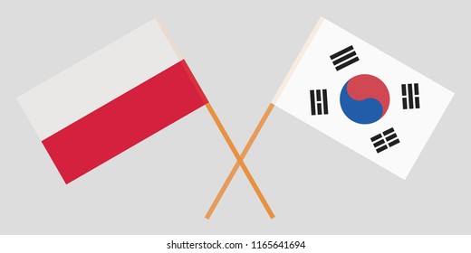 Poland and South Korea . Crossed Polish and Korean flags. Official colors. Correct proportion. Vector illustration