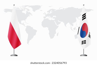 Poland and South Korea flags for official meeting against background of world map.