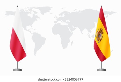 Poland and Spain flags for official meeting against background of world map.