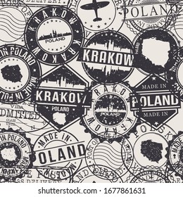 Kraków, Poland Stamps Background. A City Stamp Vector Art. Set of Postal Passport Travel. Design Set Pattern.
