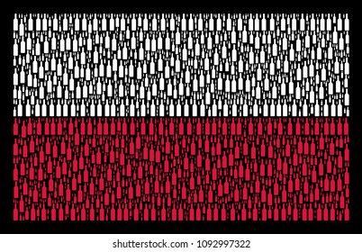 Collage de bandera del Estado de Polonia diseñado con elementos de botella de vino. Los iconos de botellas de vino vectorial plano se unen en la composición conceptual de la bandera de Polonia sobre un fondo negro.
