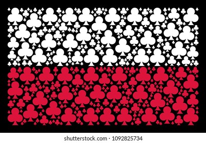 Poland State Flag collage made of clubs suit design elements. Flat vector clubs suit icons are combined into mosaic Poland flag pattern on a black background.