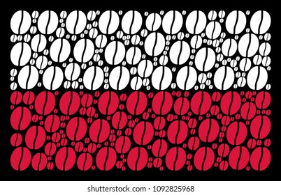 Poland State Flag composition composed of coffee bean pictograms. Flat vector coffee bean symbols are arranged into geometric Polish flag composition on a black background.