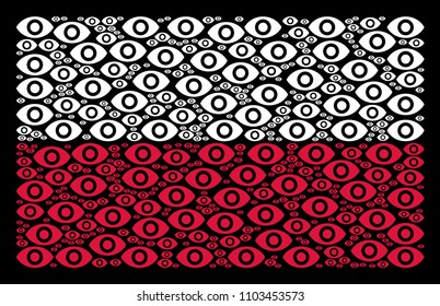 Poland State Flag composition organized from eye elements. Flat vector eye icons are combined into mosaic Poland flag illustration on a black background.