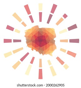 Se rompió el sol en Polonia. Rayos de rayas bajas de poli y mapa del país. Ilustración vectorial de moda.