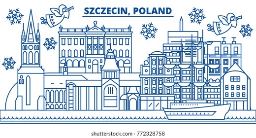 Poland, Szczecin winter city skyline. Merry Christmas, Happy New Year decorated banner with Santa Claus.Winter greeting line card.Flat, outline vector.Linear christmas snow illustration