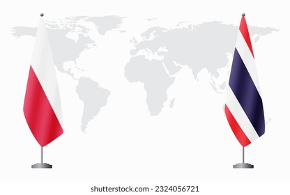 Poland and Thailand flags for official meeting against background of world map.