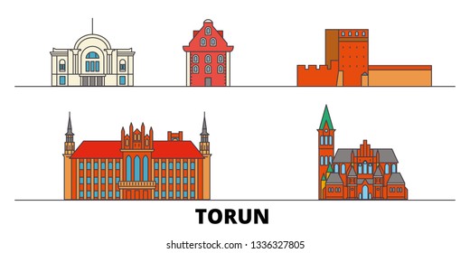 Poland, Torun flat landmarks vector illustration. Poland, Torun line city with famous travel sights, skyline, design. 