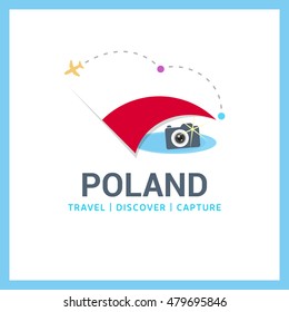 Poland Travel, Discover, Capture logo - Vector travel Photographer logo design - Country Flag Travel, Discover and Photographer Conceptual logotype - vector illustration