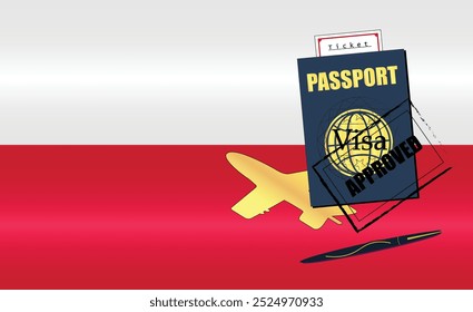 Poland Travel Documentation Concept with blue Passport and Poland Flag. Approved Stamp. Airplane and Travel Tickets. Ideal for Immigration Tourism and Traveling Themes. Vector EPS available