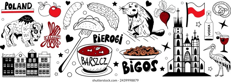 Iconos de viaje de Polonia conjunto de símbolos de platos tradicionales polacos, animales, bandera, arquitectura. Bisonte y castor, y cabaños. (traducción al Inglés de dumplings, borscht, bigos)Ilustración vectorial.