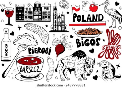 Iconos de viaje de Polonia conjunto de símbolos de platos tradicionales polacos, animales, bandera, arquitectura. Bisonte y castor, y cabaños. (traducción al Inglés de dumplings, borscht, bigos)Ilustración vectorial.