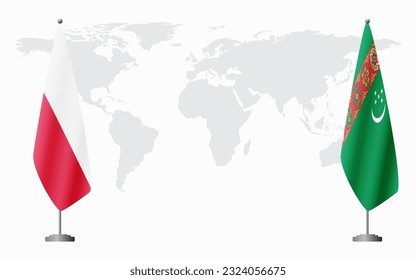 Poland and Turkmenistan flags for official meeting against background of world map.