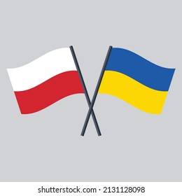 Poland And Ukraine Flag On Stick Crossed. Vector Icon Flat Design.