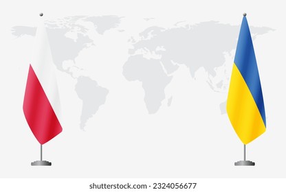 Poland and Ukraine flags for official meeting against background of world map.