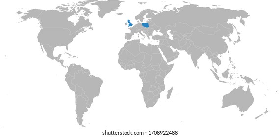 Poland, United kingdom, countries highlighted on world map. Business concepts, diplomatic, trade, transport relations.