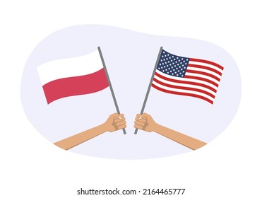 Poland and USA flags. American and Polish national symbols with abstract background and geometric shapes. Hand holding waving flag. Vector illustration.