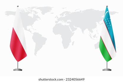 Poland and Uzbekistan flags for official meeting against background of world map.
