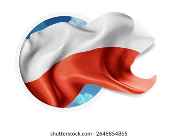 Polônia, vetor 3d bandeira contra um céu azul, através de um buraco redondo em um fundo branco