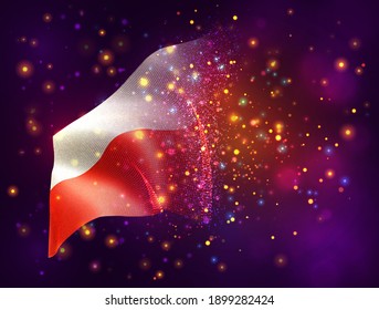 Poland, vector 3d flag on pink purple background with lighting and flares