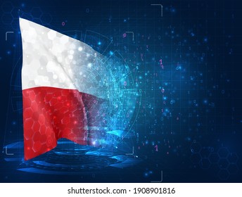 Poland, vector 3d flag on blue background with hud interfaces