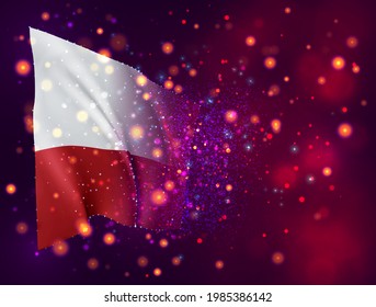 Poland, vector 3d flag on pink purple background with lighting and flares